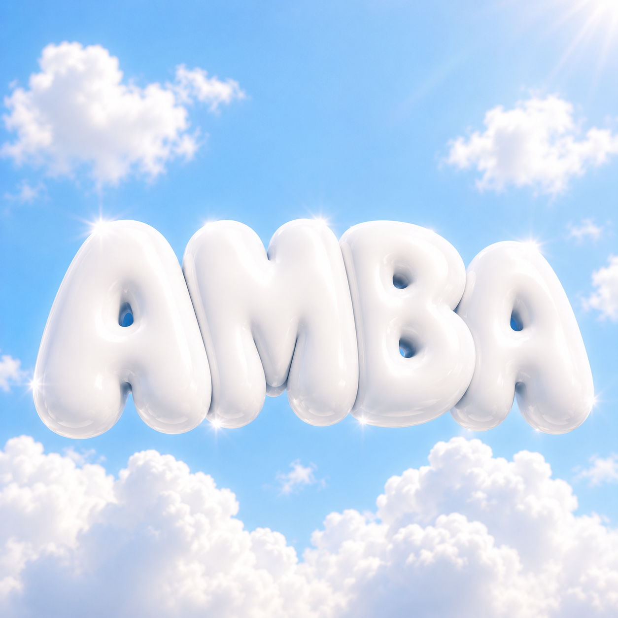 3D balloon AMBA logo floating in a bright blue sky with clouds