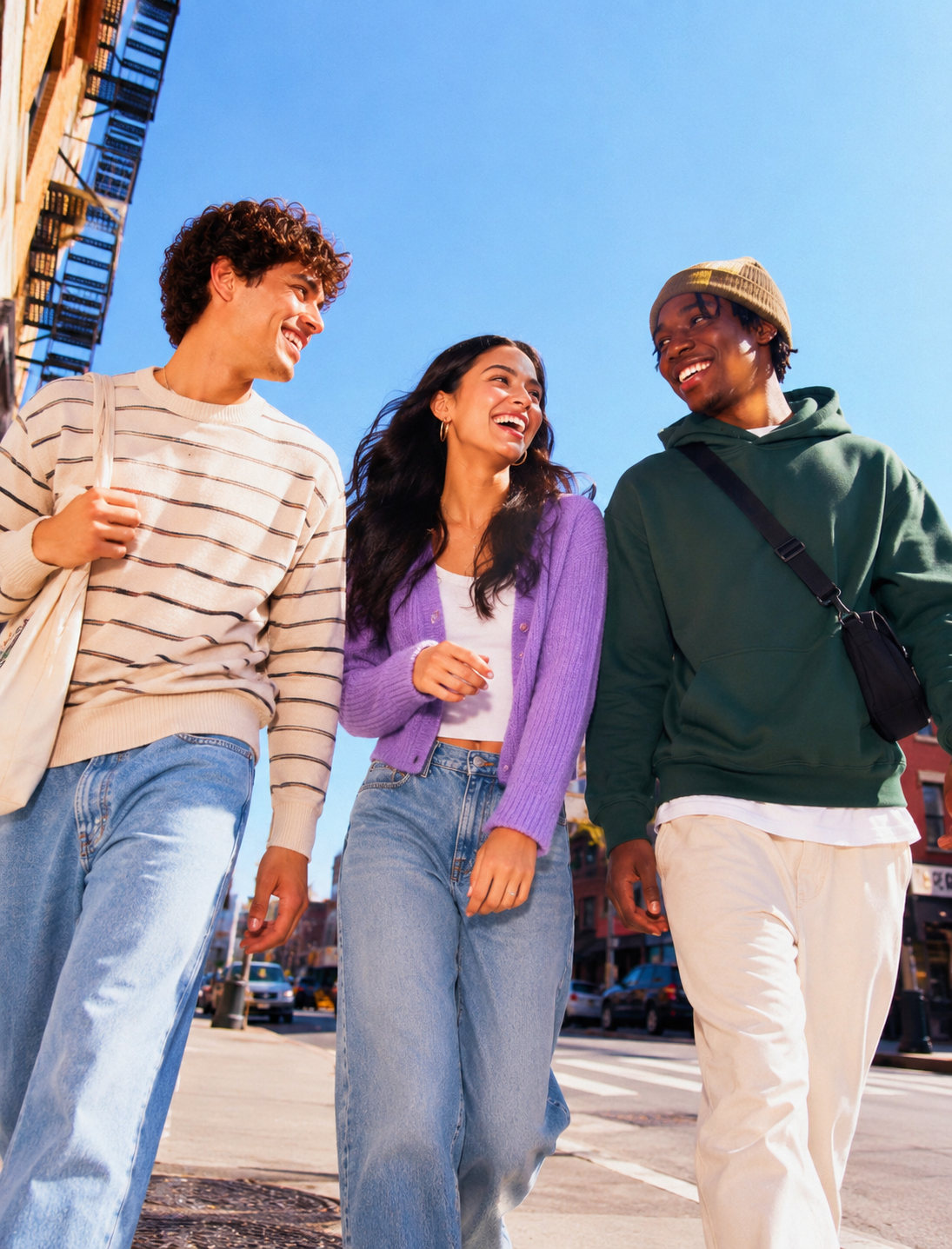 Three friends walking together on a sunny city street